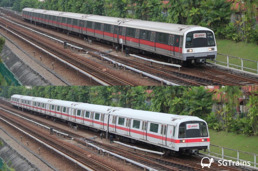 A collage of the black-liveried Kawasaki Heavy Industries C151 train above and a white-liveried Siemens C651 train below.