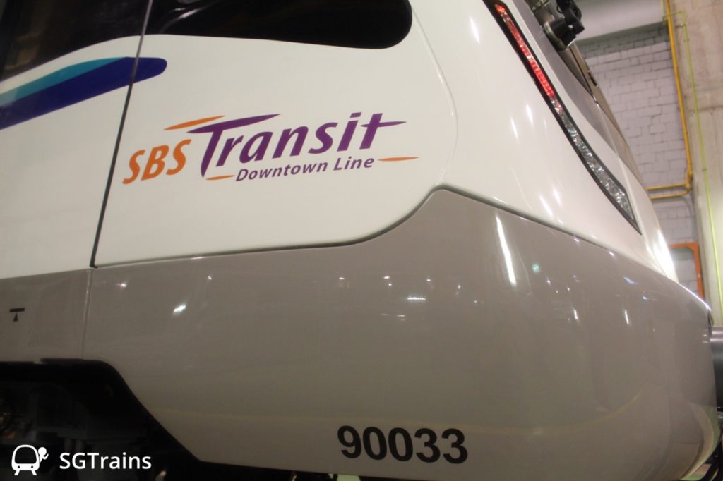 A Bombardier MOVIA C951 train with a SBS Transit Downtown Line sticker.