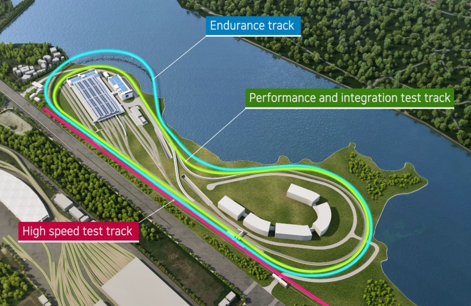 Artist Impression by Land Transport Authority (LTA) Singapore, showcasing the three test tracks at the Singapore Integrated Train Testing Centre. The endurance looped track, performance and integration looped track and high speed straight test track. 