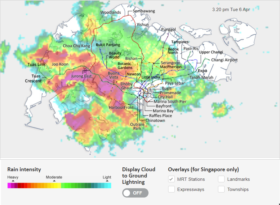 A weather radar from the Meteorological Service Singapore (MSS) showing Rain Areas along MRT/LRT stations