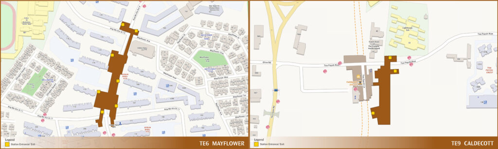 Locations of Mayflower MRT and Caldecott MRT stations on Thomson-East Coast Line 2