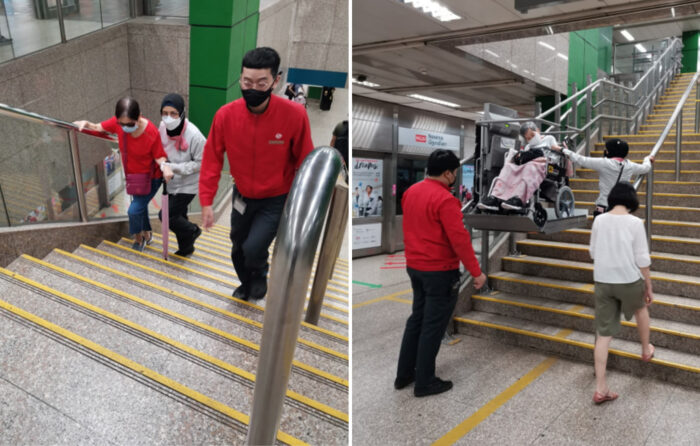 Station staff operating the wheelchair lift and assisting elderly commuters up the stairs. (Photo:s SMRT/Facebook)