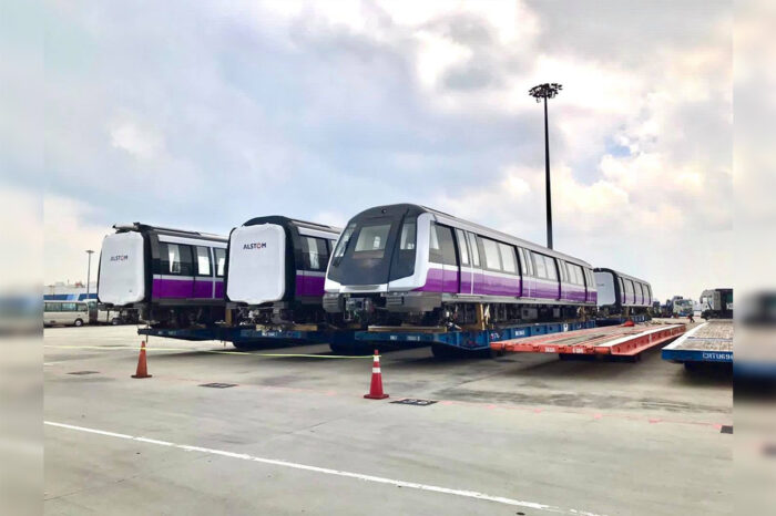The 3rd-gen Alstom Metropolis C851E (NEL) trains for the North East Line arriving into Singapore in April 2021. (Image: LTA/Facebook)
