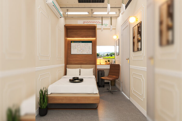 Interior of the co-living train hotel room. (Image: Tiny Pod via JTC)