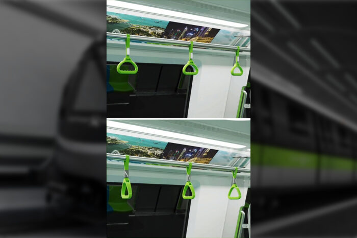 Choice of overhead straphanger grip designs for the CR151 train. (Image: LTA)