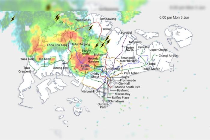 Heavy rain and lightning were detected between Choa Chu Kang and Woodlands stations at 6:00pm, around the time SMRT issued the train disruption alert on its social media platforms. (Image: Screengrab from MSS)